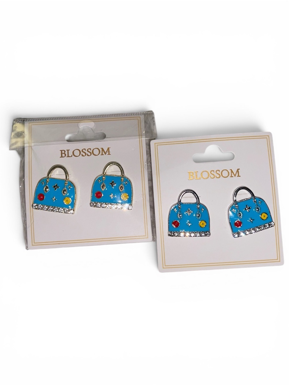 TWO PAIRS FABULOUS BLUE MULTI NOVELTY HANDBAG SHAPED PIERCED EARRINGS
